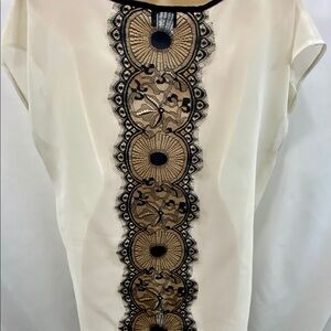 Dots Sheer Cream Top w/Black Lace Detail On Back L